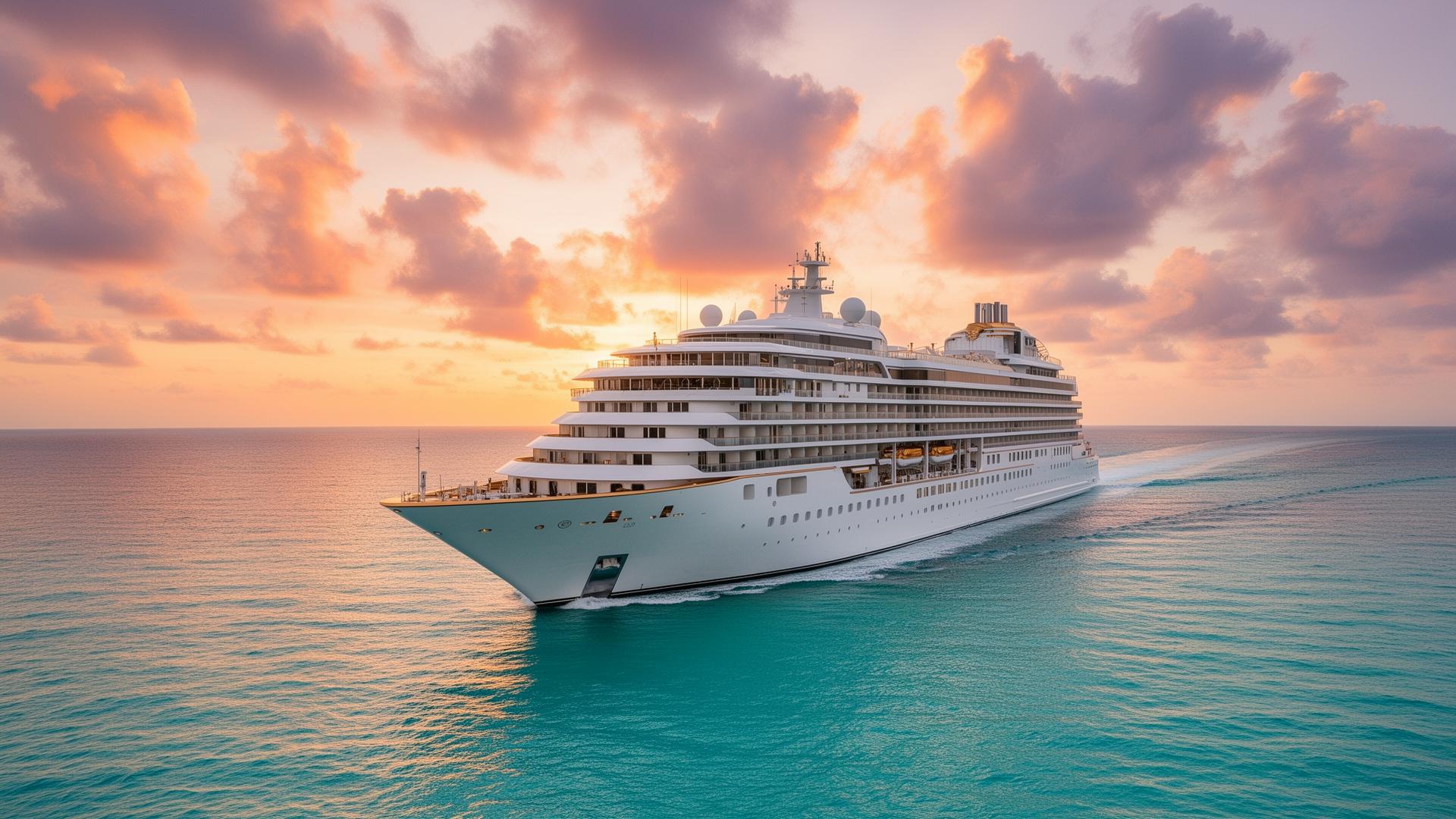 Luxury cruise ship sailing into a golden sunset